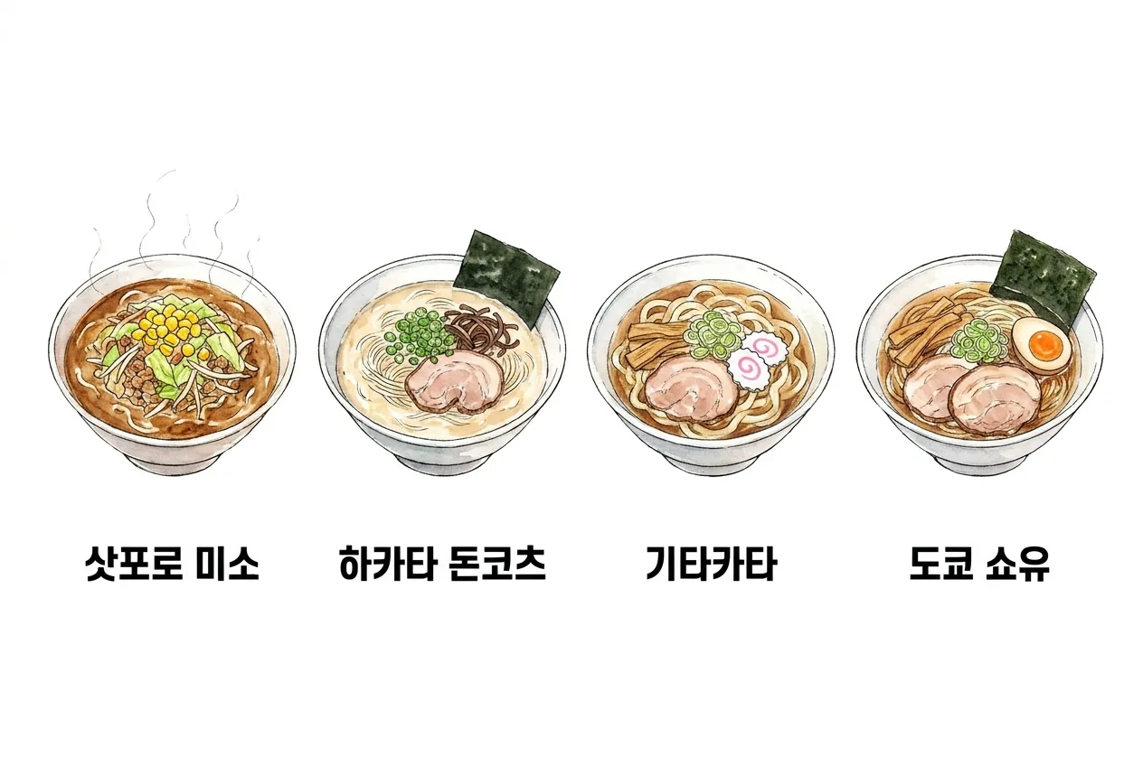 삿포로 미소·하카타 돈코츠·기타카타·도쿄 쇼유 네 지역 라멘 그릇을 나란히 비교한 정물