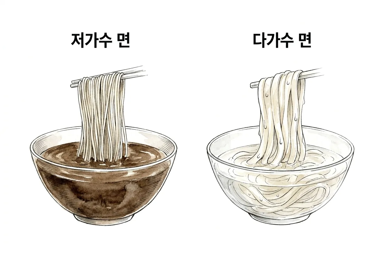 물이 적은 저가수 면과 물이 많은 다가수 면의 굵기·식감·국물 궁합을 비교한 그림